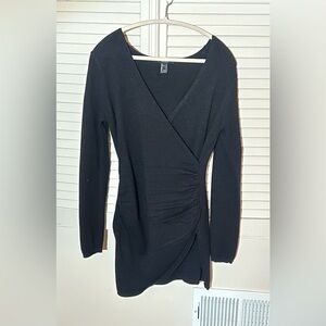 Forever 21 Black Long Sleeve Sweater Wrap Dress | Bodycon Ruched | Size: L